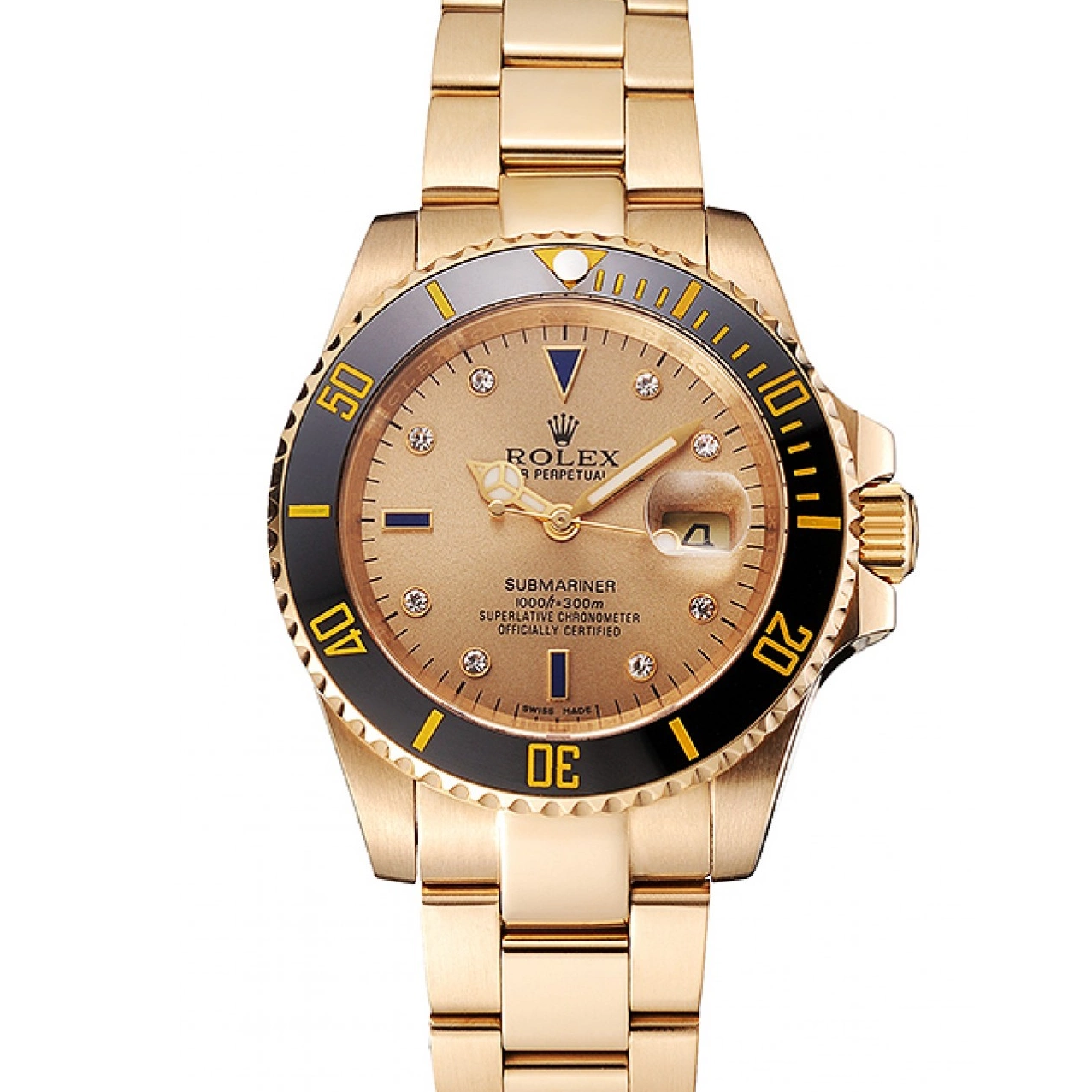 MiroTime 0810 Swiss Rolex Submariner Gold Dial With Diamond Markings Black Bezel Yellow Gold Case And Bracelet